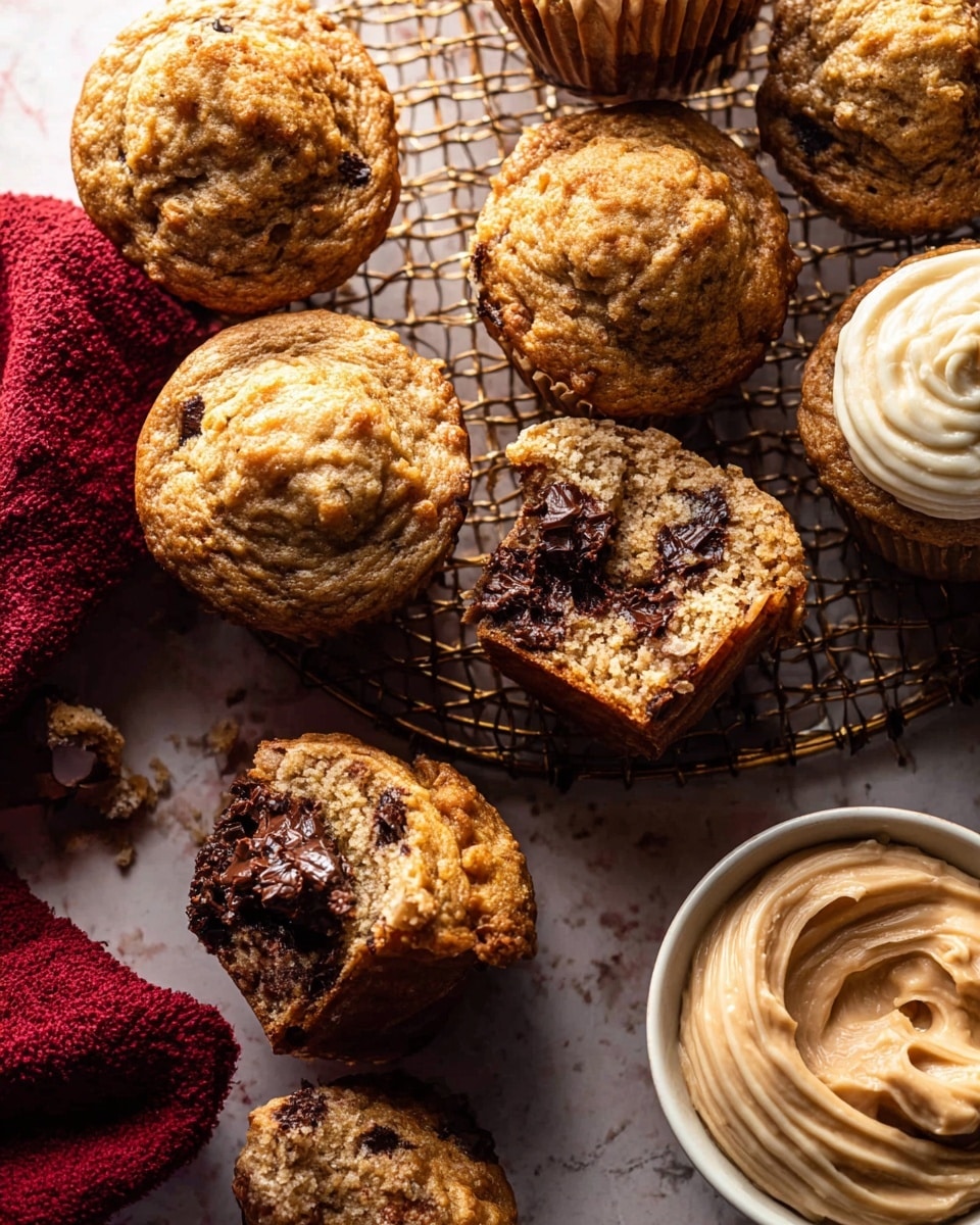 The image shows several moist muffins with a light brown, slightly textured top, some of which are placed on a cooling rack. One of the muffins is opened, showing a dark chocolate filling inside, with bits of melted chocolate visible. Another muffin has a white creamy swirl on top, suggesting a soft filling. There is a small white bowl at the bottom right filled with creamy, light beige frosting next to a broken muffin half, which reveals a rich dark chocolate center. A woman's hand is partially visible on the left side holding a faded red napkin. The whole scene has a warm and cozy feel, with a white marbled textured surface underneath. photo taken with an iphone --ar 4:5 --v 7