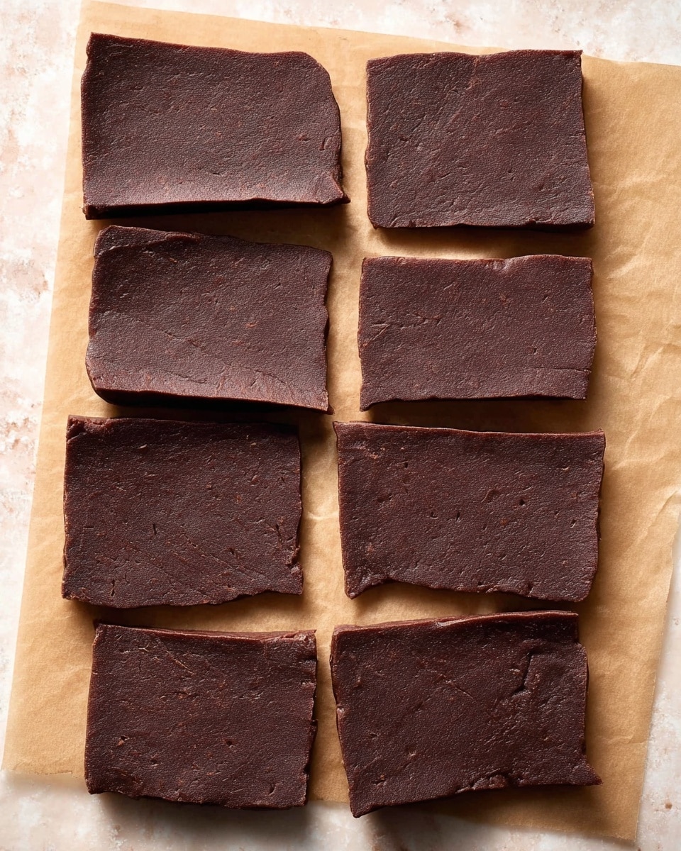 Eight pieces of folded chocolate dough squares lie flat in two neat columns on a light brown parchment paper over a white marbled surface. Each piece is deep brown, smooth, and has a thin texture with slight specks of lighter brown. The dough squares are stacked mostly in pairs with some uneven edges, showing a soft matt finish and subtle markings that give a hint of a soft, pliable texture. The arrangement is orderly with small spaces between each piece. photo taken with an iphone --ar 4:5 --v 7