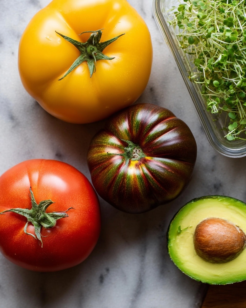 The image shows three whole tomatoes and one avocado half on a white marbled surface. The top left tomato is large and yellow with a green stem. Below it, on the bottom left, is a smooth red tomato with a green stem. In the center is a ribbed tomato with mixed colors of dark red, green, and a shiny texture. On the bottom right is an avocado half with bright green flesh and a large brown seed in the middle. In the top right corner, there is a clear container filled with fresh green sprouts. Photo taken with an iphone --ar 4:5 --v 7