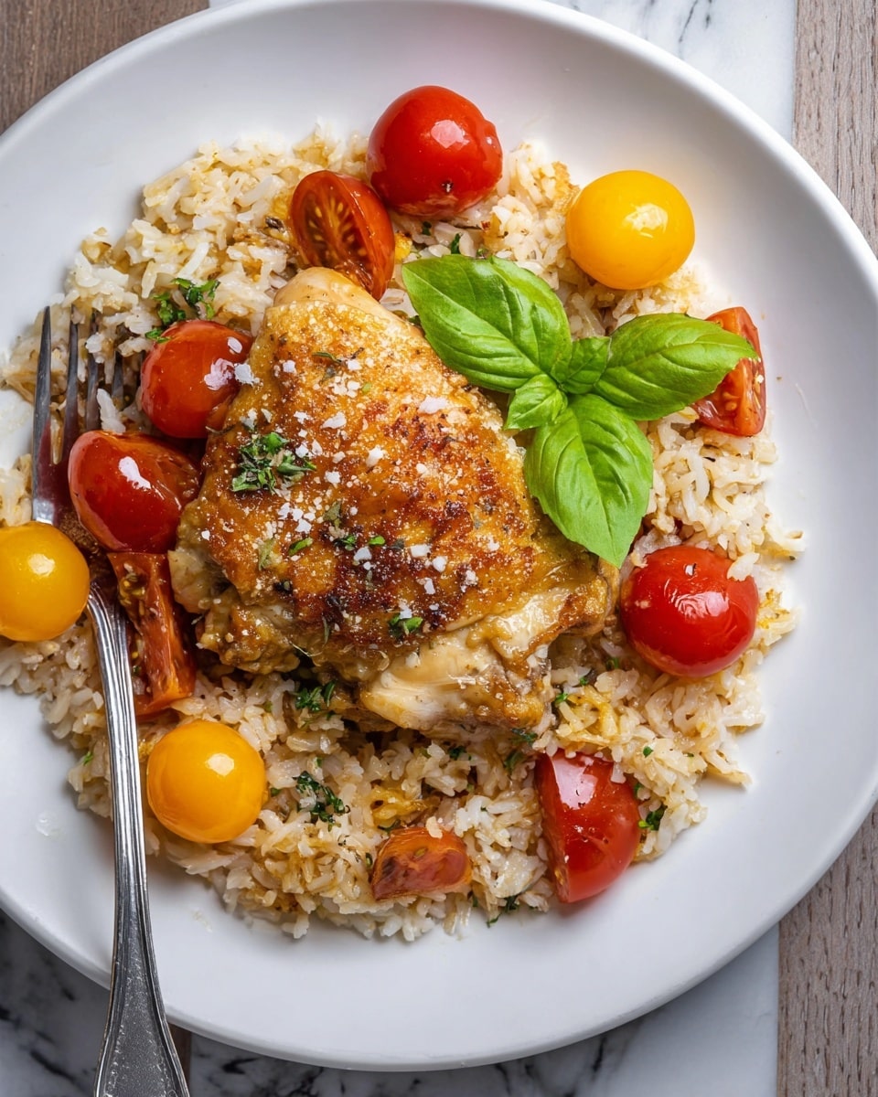 This image shows a cast iron pan filled with cooked rice as the base layer, appearing fluffy and light brown with bits of onions mixed in. On top of the rice, there are four pieces of golden brown cooked chicken with a crispy texture, sprinkled with herbs and seasoning. Scattered among and on the chicken are small red, yellow, and orange cherry tomatoes, some whole and some slightly softened. Fresh green basil leaves are placed on the tomatoes, adding a vibrant green contrast. A spoon is partially inserted into the rice on the left side. The pan sits on a white marbled surface, with some ingredients and a small bowl of salt visible in the background. Photo taken with an iphone --ar 4:5 --v 7