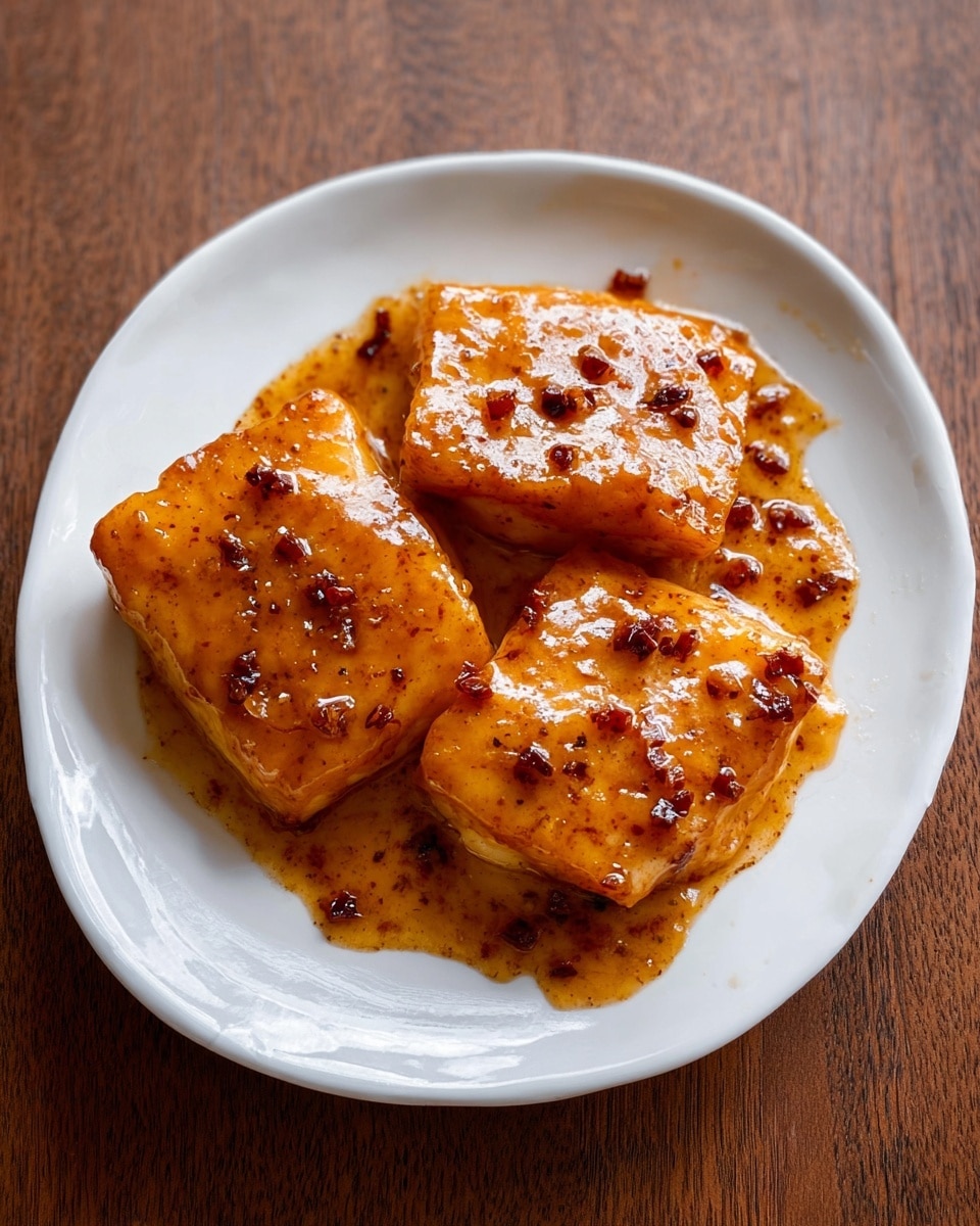 The image shows three pieces of food with a smooth, slightly shiny orange-brown sauce on top. The sauce has small dark red chunks scattered evenly over the pieces. The pieces are placed closely together on a white plate with a slightly curved edge. The plate sits on a brown wooden surface. The sauce gives the dish a moist and rich look with a mix of textures from the smooth sauce and chunky bits. photo taken with an iphone --ar 4:5 --v 7