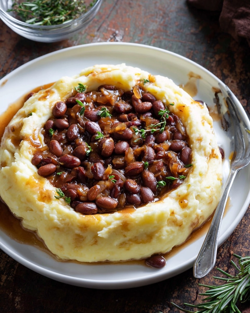 A white plate holds a two-layer dish. The bottom layer is creamy mashed potatoes, pale yellow with a soft, smooth, and slightly fluffy texture, shaped in a ring with a shallow well in the center. The top layer fills this center with dark brown baked beans mixed with small pieces of cooked onions and fresh green thyme leaves scattered on top, adding a little color contrast. There is a small pool of brown sauce blending between the layers. A silver fork rests on the edge of the plate. The plate is set on a rustic wooden surface with some green rosemary visible in a small glass bowl nearby. photo taken with an iphone --ar 4:5 --v 7