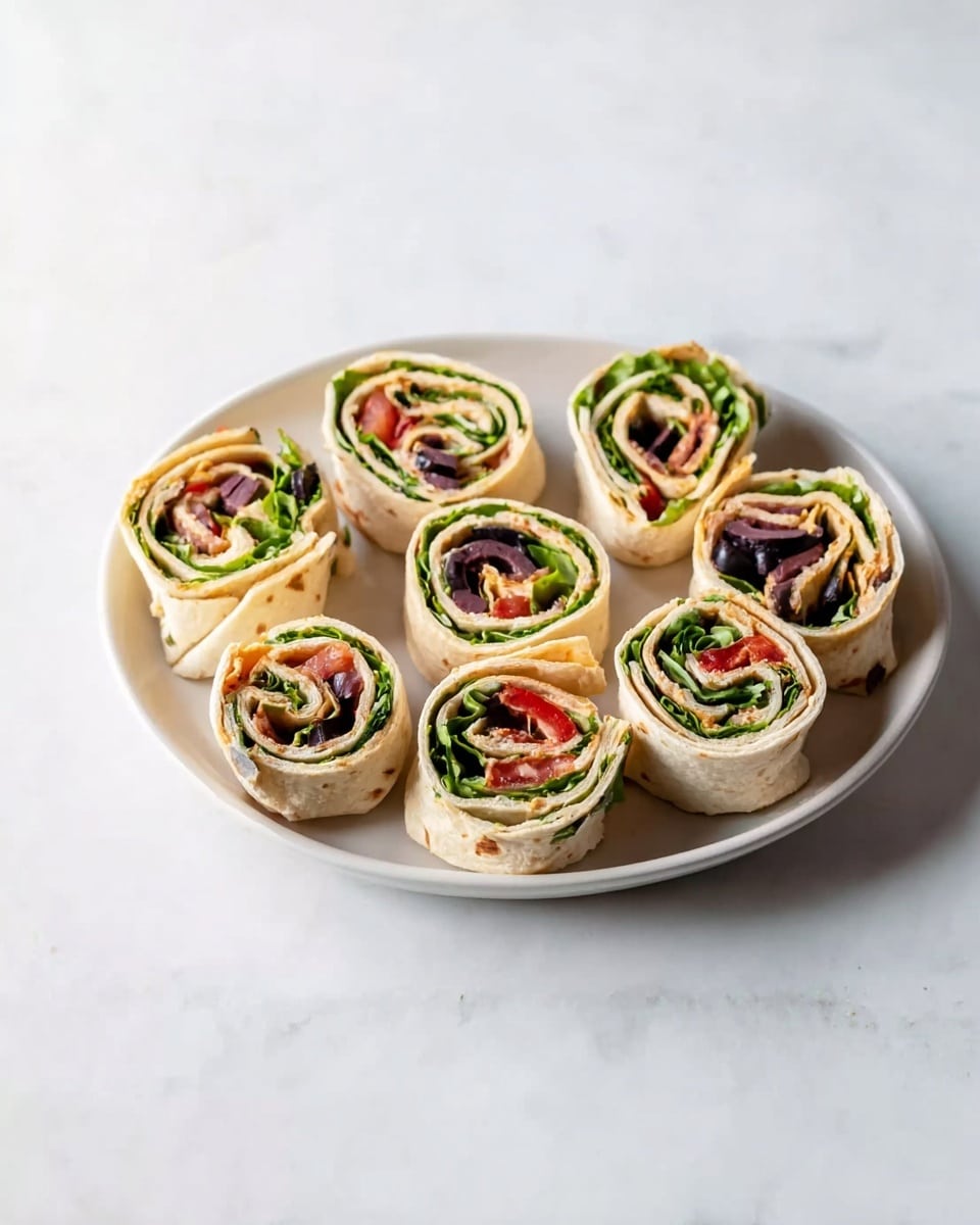 Seven small tortilla roll slices are arranged in a circle on a white plate placed on a white marbled surface. Each slice shows three layers: the outer white tortilla wrap, a green leafy layer, and an inner filling with light beige creamy spread, dark purple olive pieces, and some red tomato pieces, creating a colorful spiral pattern inside. The textures range from soft wrap, fresh leafy greens, to creamy and slightly chunky filling. photo taken with an iphone --ar 4:5 --v 7
