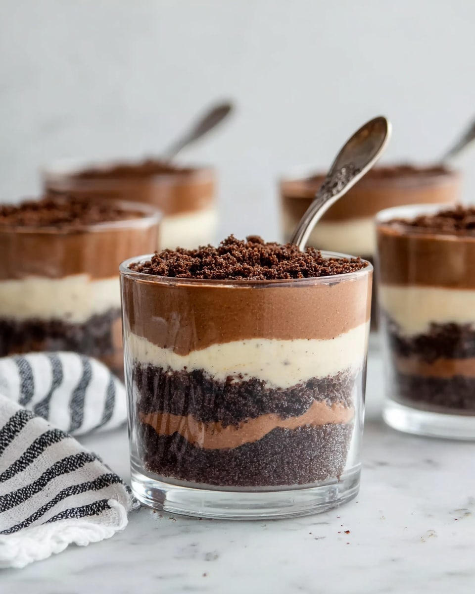 The image shows a clear glass cup with four layers of dessert on a white marbled surface. The bottom layer is a dark brown, crumbly texture, followed by a smooth light brown creamy layer. This pattern repeats with another dark crumbly layer and a light brown creamy layer on top. A small metal spoon is placed inside the cup, with its handle leaning out. In the background, there are similar clear glass cups with the same layered dessert and a white cloth with black stripes to the left. Photo taken with an iphone --ar 4:5 --v 7