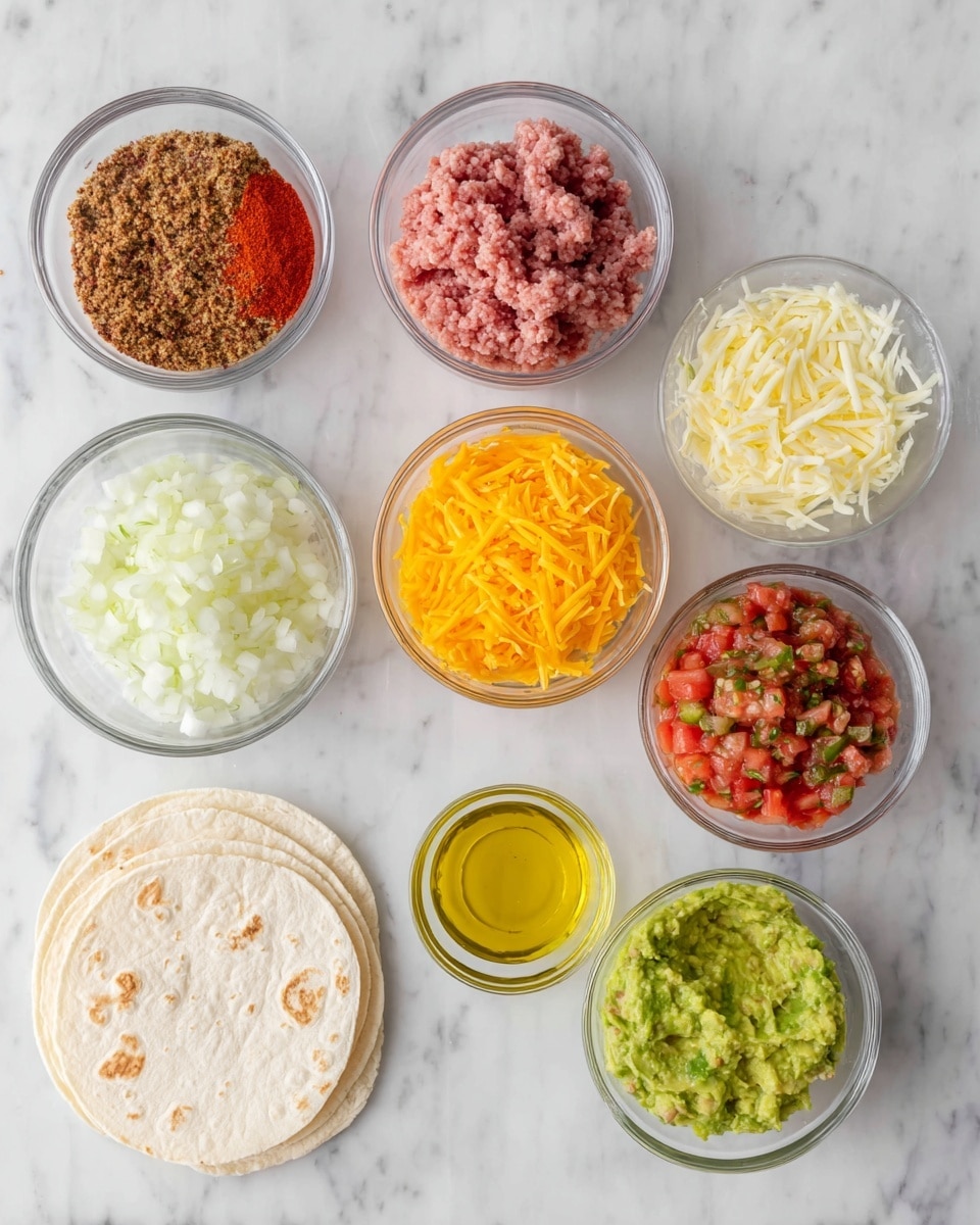 The image shows seven clear glass bowls placed on a white marbled surface. From top left, the first bowl contains red and brown spices with a grainy texture. To the right, the second bowl is filled with raw minced meat, pink and smooth but with texture. Below the spices is a bowl filled with finely chopped white onions. Next to it, a small bowl contains golden yellow oil with a shiny surface. In the center is a bowl full of shredded bright orange cheese. To the right of that is a bowl filled with chunky salsa, showing red tomatoes mixed with green herbs and bits of white onion. Below the cheese bowl is a smaller bowl with shredded white cheese. In the bottom right corner, there is a bowl with mashed green avocado. On the lower left side of the image, there are three white tortillas stacked with some light brown spots. The whole setup is neatly organized and the photo is taken with an iphone --ar 4:5 --v 7