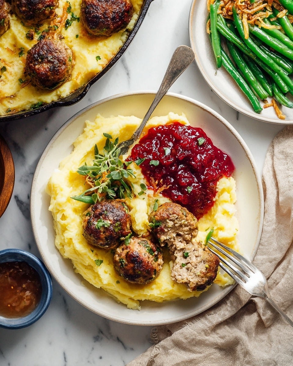 The image shows a white plate filled with creamy smooth mashed potatoes forming a soft yellow bed covering most of the plate. On top of the potatoes, there are three browned meatballs, one of which is broken open to show a cooked, tender inside mixed with herbs. Beside the mashed potatoes, there is a bright red chunky sauce or berry jam with a glossy texture. Next to it is a pile of shiny green beans coated lightly in a creamy dressing and scattered with crispy fried onions. A silver fork rests on the plate, with a woman's hand holding it, about to pick up a piece of the meatball. Nearby, part of a cast iron pan with more meatballs and a small blue bowl of extra sauce are visible on a white marbled surface. The scene feels warm and inviting, with soft natural lighting highlighting the varied textures and colors, photo taken with an iphone --ar 4:5 --v 7