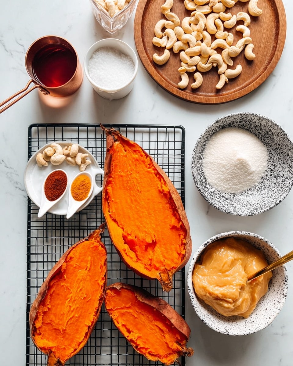 The image shows three large, bright orange sweet potato halves with smooth, roasted surfaces, placed on a black metal cooling rack on a white marbled surface. To the right, there is a white bowl with a black speckled pattern filled with a pale tan, creamy dough. Above it, a small white bowl is filled with white powder, likely flour or sugar, next to a small copper measuring cup filled with a dark amber liquid. Above these, a wooden round board holds a pile of light beige cashew nuts. On the left, a white round plate holds three white ceramic spoons with small amounts of orange and brown powder and a pale golden liquid, arranged neatly. The whole setup is bright and clean with soft natural light. photo taken with an iphone --ar 4:5 --v 7