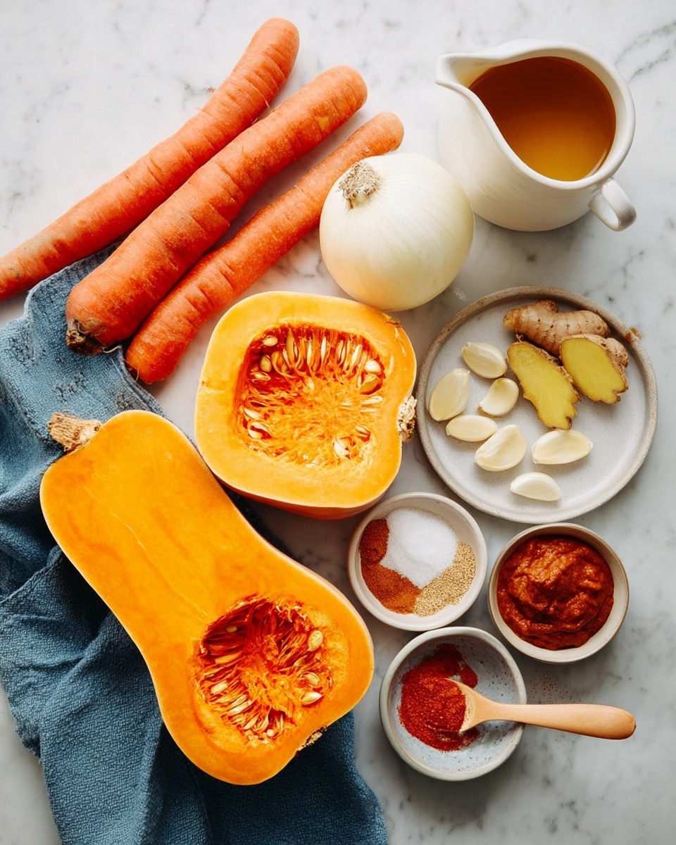A large butternut squash cut in half shows its bright orange flesh and stringy seeds in the center. Next to it, two whole carrots with a smooth orange surface lie on a blue cloth. A white onion is cut in half, revealing its white layers. A white plate holds three peeled garlic cloves, a sliced piece of fresh ginger with a yellow interior and brown skin, a small bowl filled with red powder spice, a smaller bowl with a reddish-brown thick paste, and a wooden spoon resting on a bowl of white salt and red spice. A small white jug contains an amber liquid, and nearby is a bowl with a light-colored creamy substance. All these are placed on a white marbled surface. Photo taken with an iphone --ar 4:5 --v 7
