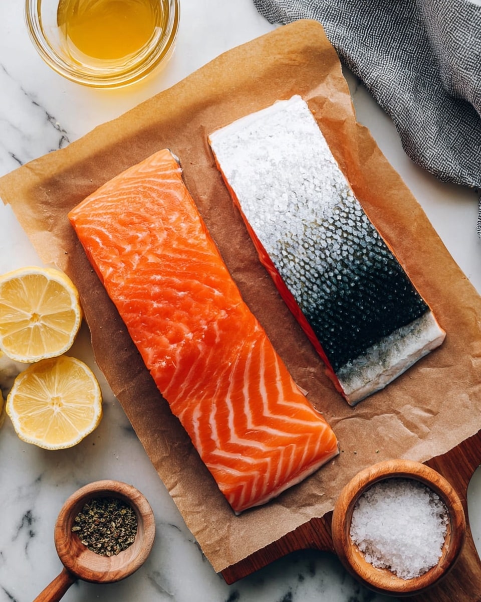 Two raw salmon fillets lie side by side on a piece of brown parchment paper on a wooden board. The left fillet shows its bright orange flesh with visible lighter white lines, while the right fillet is turned to show shiny silver and black skin with a bit of orange flesh visible at the edges. Surrounding the board are lemon halves on the left, a small open jar of pepper with a tiny wooden spoon on the right bottom, a small bowl of coarse salt with a wooden spoon at the top, and a glass container with a golden liquid next to it. The background is a white marbled surface with a gray cloth in the upper right corner photo taken with an iphone --ar 4:5 --v 7