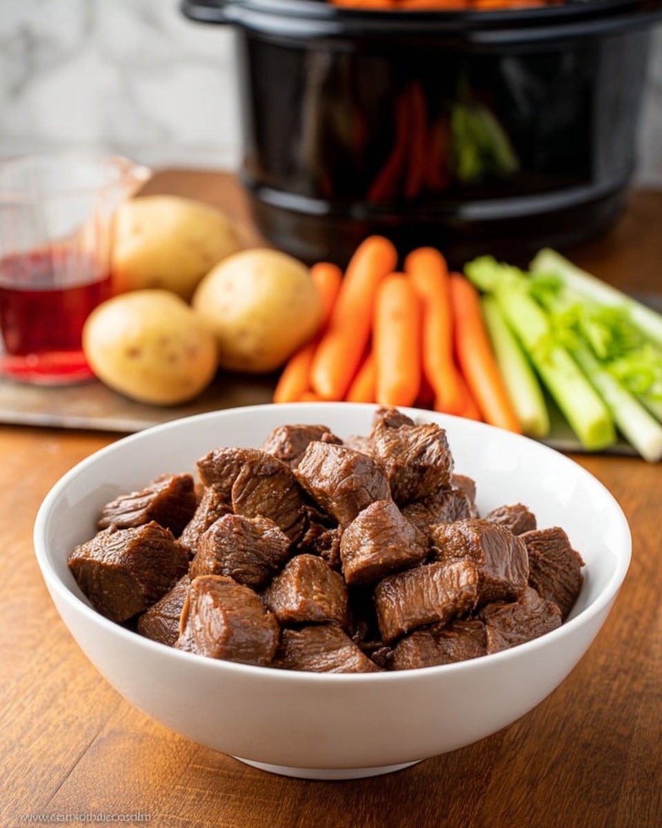 A white bowl filled with medium-sized brown beef chunks with a cooked texture, sitting on a wooden surface; in the background, there is a black slow cooker with some orange carrot pieces inside, fresh celery sticks and baby carrots placed next to it, and a few light yellow potatoes are visible alongside a glass measuring cup partially filled with a red liquid, all set on a white marbled background. Photo taken with an iphone --ar 4:5 --v 7