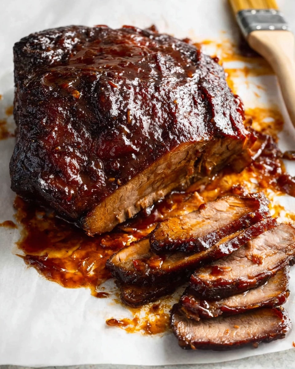 A large piece of cooked meat with a dark, shiny, caramelized surface sits on a white surface with some thick, sticky sauce spread around it. Next to the large piece are several thin slices of the meat showing a brown interior with a slightly crispy edge. There is also a small part of a wooden brush with sauce on its bristles in the top right corner. Photo taken with an iphone --ar 4:5 --v 7