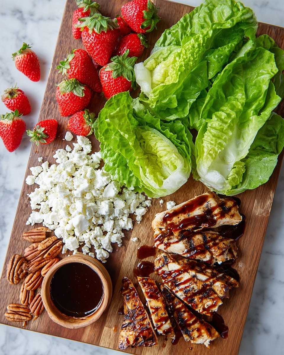 A wooden board holds fresh bright green butter lettuce leaves on the top right, while on the bottom right there are triangular pieces of grilled chicken drizzled with dark brown sauce. On the bottom left are raw pecan halves, next to a small wooden bowl filled with white crumbled cheese placed near vibrant red strawberries scattered around the board. The board sits on a white marbled surface. photo taken with an iphone --ar 4:5 --v 7