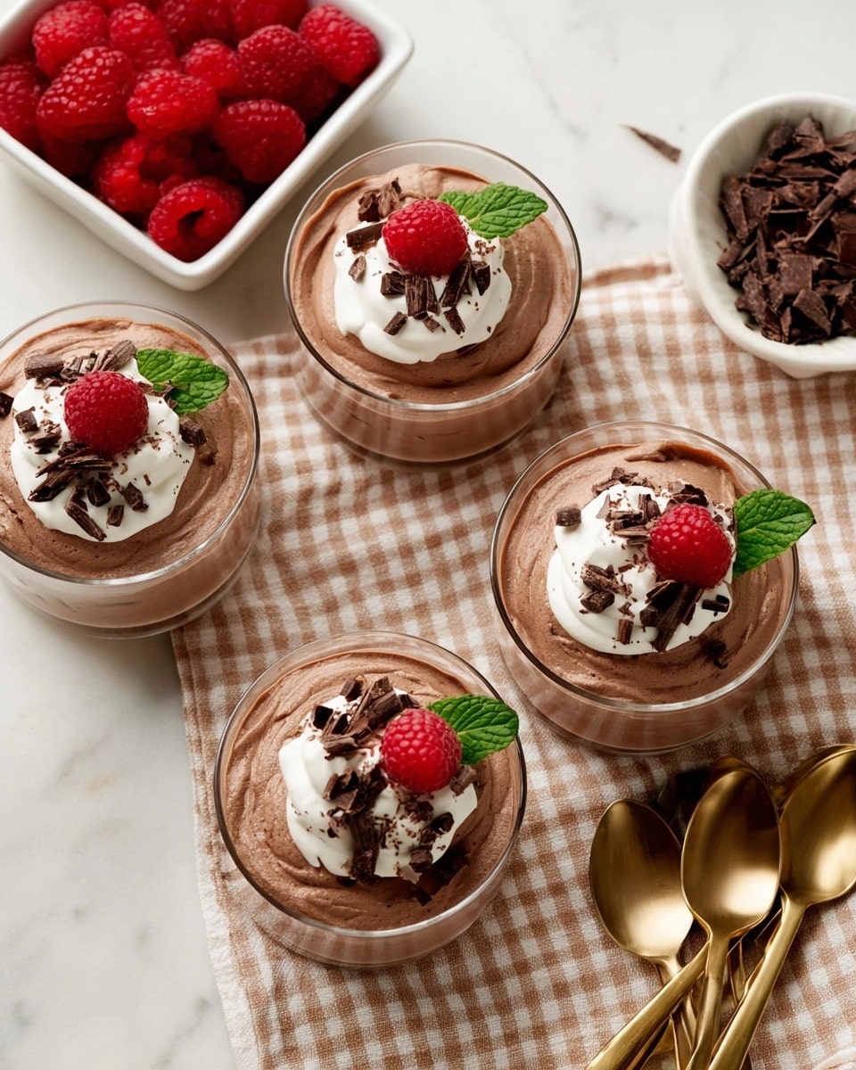 Five glass bowls each contain a thick layer of smooth, light brown chocolate mousse with a swirled texture on top. Each mousse has a dollop of white whipped cream placed slightly off-center, topped with dark chocolate curls. A few fresh red raspberries and a small green mint leaf add a pop of color on the cream. The bowls are arranged on a white marbled surface, with a beige checkered cloth underneath some of them. To the top left, there is a white square bowl filled with fresh raspberries and a small white bowl with chocolate curls. On the right side, a pile of gold spoons rests next to the bowls. The photo taken with an iphone --ar 4:5 --v 7