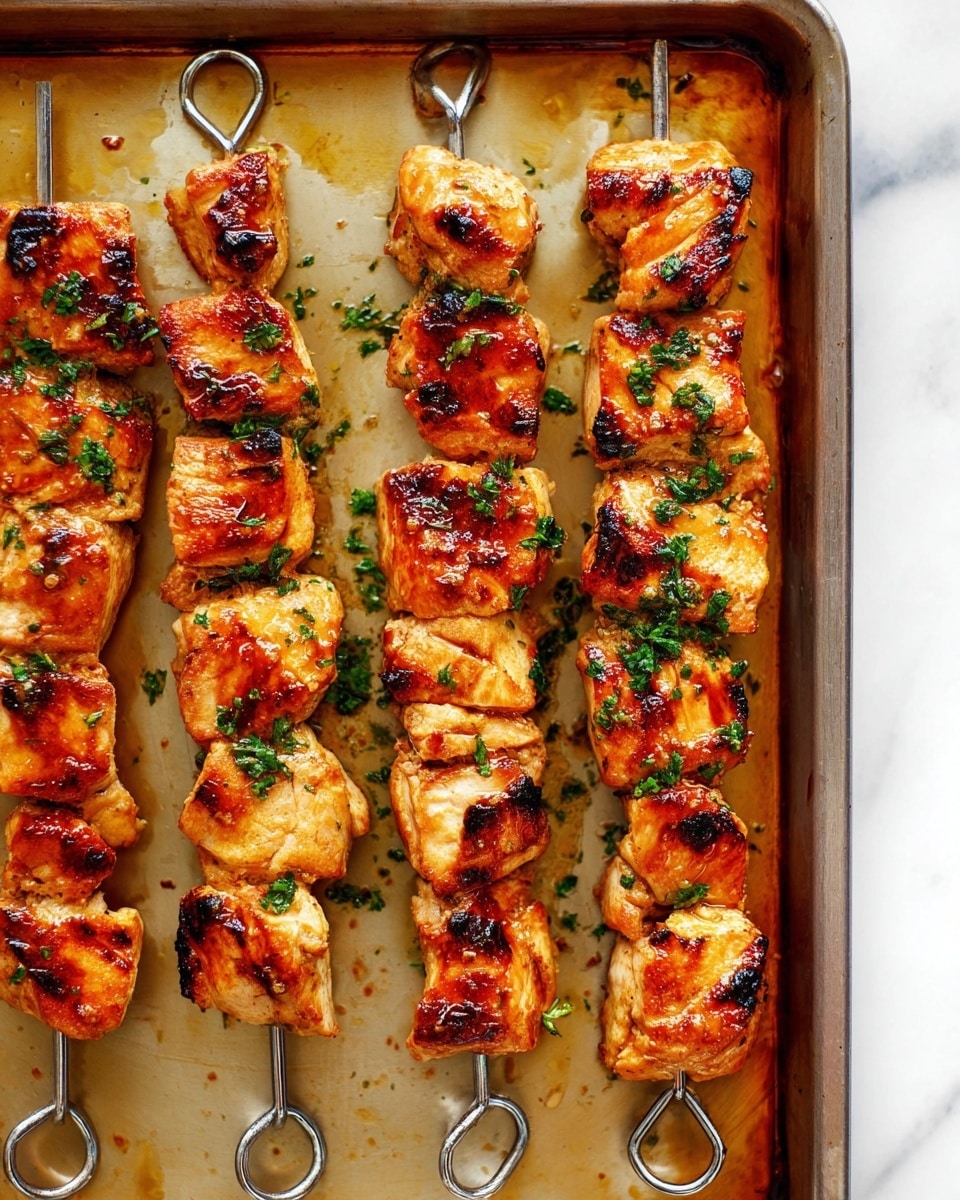 A tray full of grilled skewers with chunky pieces of golden brown chicken, each piece sprinkled with small bits of fresh green herbs, giving a fresh contrast. The skewers have a shiny metal loop at the top, and the chicken shows clear grill marks and slightly charred edges. On the side of the tray is a white bowl filled with a creamy yellow sauce topped with black pepper specks. The background surface is a white marbled texture. photo taken with an iphone --ar 4:5 --v 7