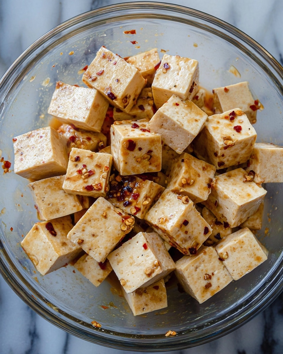 The image shows many cubes of tofu coated in a light brown sauce with some red chili flakes, all placed inside a clear glass bowl. The tofu cubes have a smooth texture with small dark spots and the sauce gives them a slightly shiny appearance. The background underneath the bowl is a white marbled texture. photo taken with an iphone --ar 4:5 --v 7
