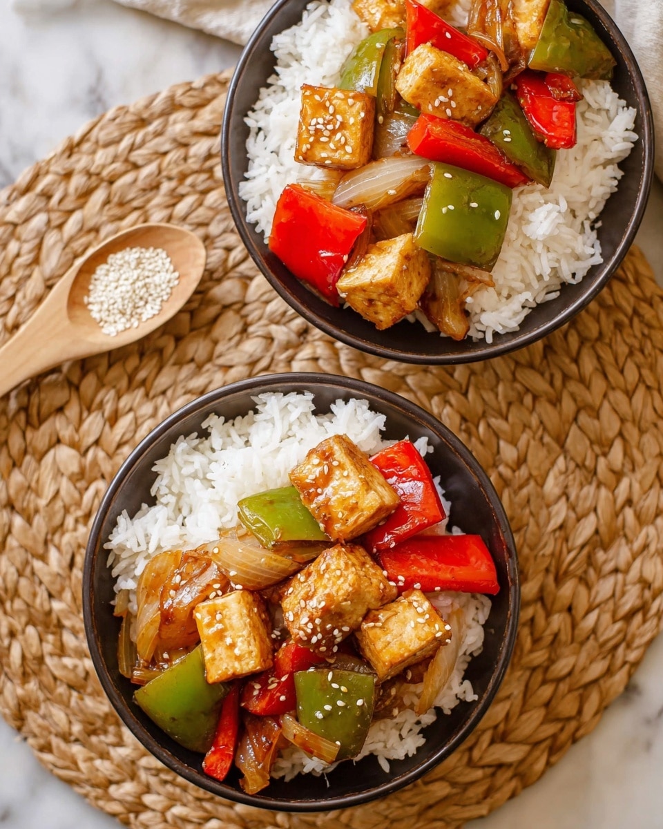 The image shows two white bowls filled with fluffy white rice on the bottom layer, topped with large cubes of golden-brown tofu that have a slightly crispy texture. Among the tofu pieces are bright green bell pepper chunks, vibrant red bell pepper pieces, and light caramelized onion wedges, all glistening with a light sauce and sprinkled with small white sesame seeds. The bowls are placed on a woven mat with a wooden spoon holding extra sesame seeds nearby, all against a white marbled surface. photo taken with an iphone --ar 4:5 --v 7
