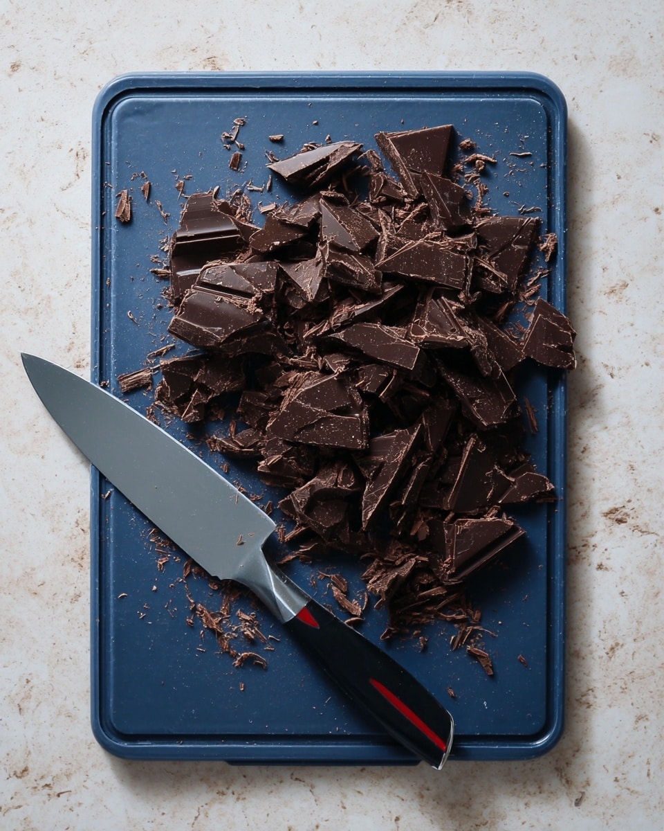A dark blue cutting board sits on a white marbled surface, with irregular chunks of dark chocolate spread across its center showing cracked textures and uneven shapes. Beside the chocolate, at the lower left side, there is a large knife with a steel blade and a black handle with a red ring near the blade, resting diagonally on the board. Small chocolate shavings are scattered around the pile, adding detail and texture to the scene. The lighting softly highlights the glossy texture of the chocolate and the smooth surface of the cutting board, creating a clean and simple composition. Photo taken with an iphone --ar 4:5 --v 7
