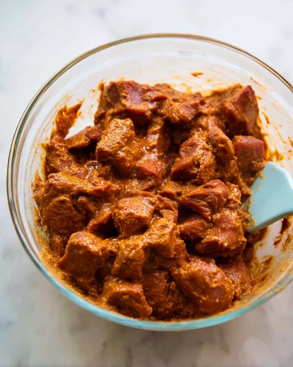 The image shows a clear glass bowl filled with chunky pieces of raw meat coated in a thick, reddish-brown sauce. The sauce looks creamy and textured, covering each piece evenly. A light blue spatula is seen on the right side, partly immersed in the mixture, resting against the bowl's edge. The bowl is placed on a white marbled surface that adds a clean, bright background to the picture. The meat pieces are irregular in shape and tightly packed together, creating a textured, rich look. photo taken with an iphone --ar 4:5 --v 7