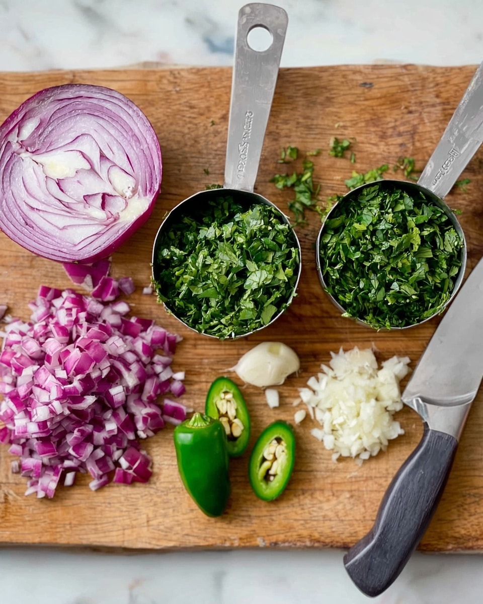 The image shows a wooden cutting board placed on a white marbled surface with various chopped ingredients arranged neatly. On the left, there is a halved red onion showing its purple and white layers, next to a small pile of finely chopped red onion pieces. In the center, two metal measuring cups filled with finely chopped green herbs are positioned side by side. Below them are two halves of a green chili pepper, showing seeds inside, and a small pile of minced garlic next to a large silver knife on the right side. The overall setting is clean and fresh. Photo taken with an iphone --ar 4:5 --v 7