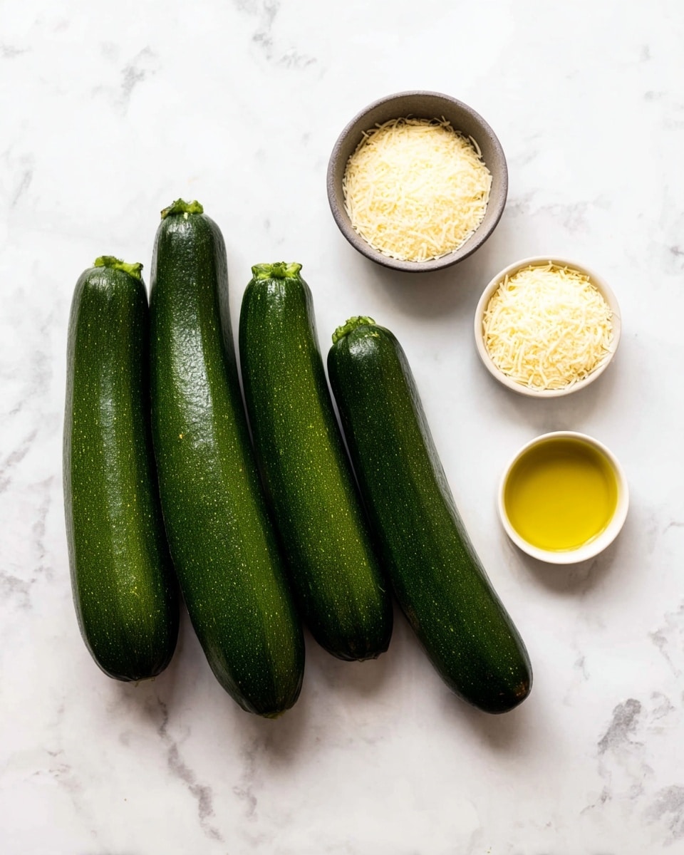 The image shows four whole dark green zucchinis placed on a white marbled surface, arranged closely together in a loose cluster. To the right of the zucchinis, there are three small round bowls. The top bowl contains white shredded cheese, the middle bowl holds light yellow grated cheese, and the bottom bowl has a small amount of clear golden cooking oil. The items are spaced evenly with clear white marbled background around them. photo taken with an iphone --ar 4:5 --v 7