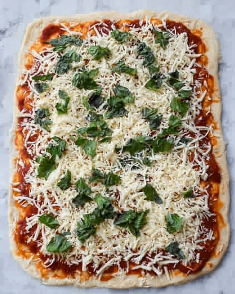 The image shows a rectangular pizza with three visible layers. The bottom layer is a light tan dough with slight browning at the edges. Next is a layer of bright red tomato sauce spread evenly over the dough. On top of the sauce are scattered dark green basil leaves. The top layer consists of shredded white cheese covering most of the basil and sauce. The pizza rests on a white marbled surface. Photo taken with an iphone --ar 4:5 --v 7
