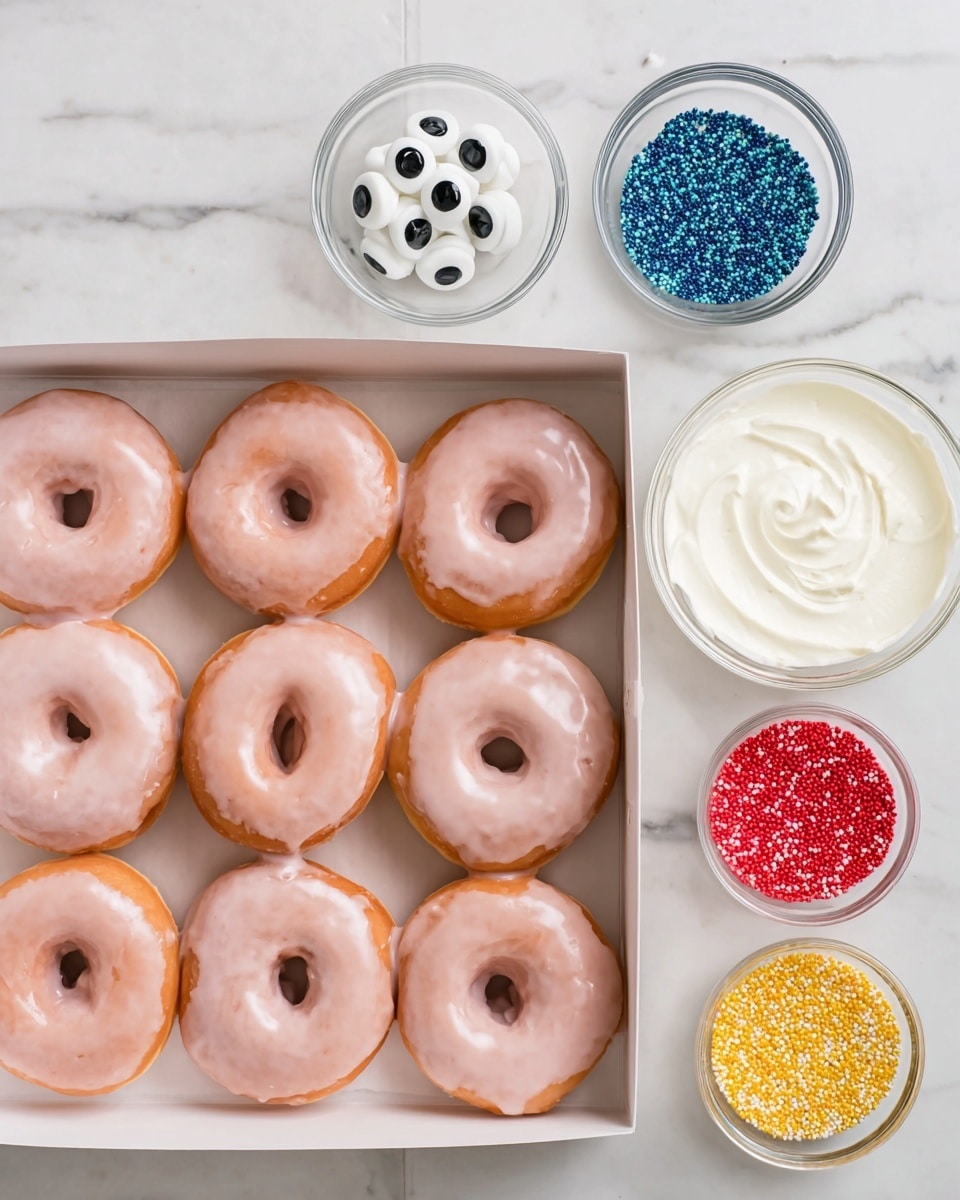 The image shows a box of twelve round glazed donuts, each with a light pinkish glaze covering the top and a small hole in the center, arranged neatly in three rows of four inside a white cardboard box. Above the box, three small clear glass bowls are set on a white marbled surface: the left bowl contains white twisted icing ropes, the middle bowl has black and white candy eyes, and the right bowl holds a creamy white frosting with a smooth texture. To the right of the box are three small white bowls filled with vibrant colored sugar sprinkles in blue, red, and yellow from top to bottom. Photo taken with an iphone --ar 4:5 --v 7