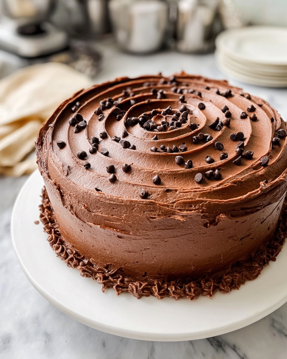 A round chocolate cake on a white plate with three visible layers covered in smooth, rich chocolate frosting. The top layer of frosting is decorated with a spiral pattern and scattered small dark chocolate chips, mostly near the edges and center. The sides of the cake have thick, textured frosting swiped with large, curvy strokes giving a rough but neat look. The scene is set on a white marbled surface with a blurred background, showing kitchen parts. photo taken with an iphone --ar 4:5 --v 7