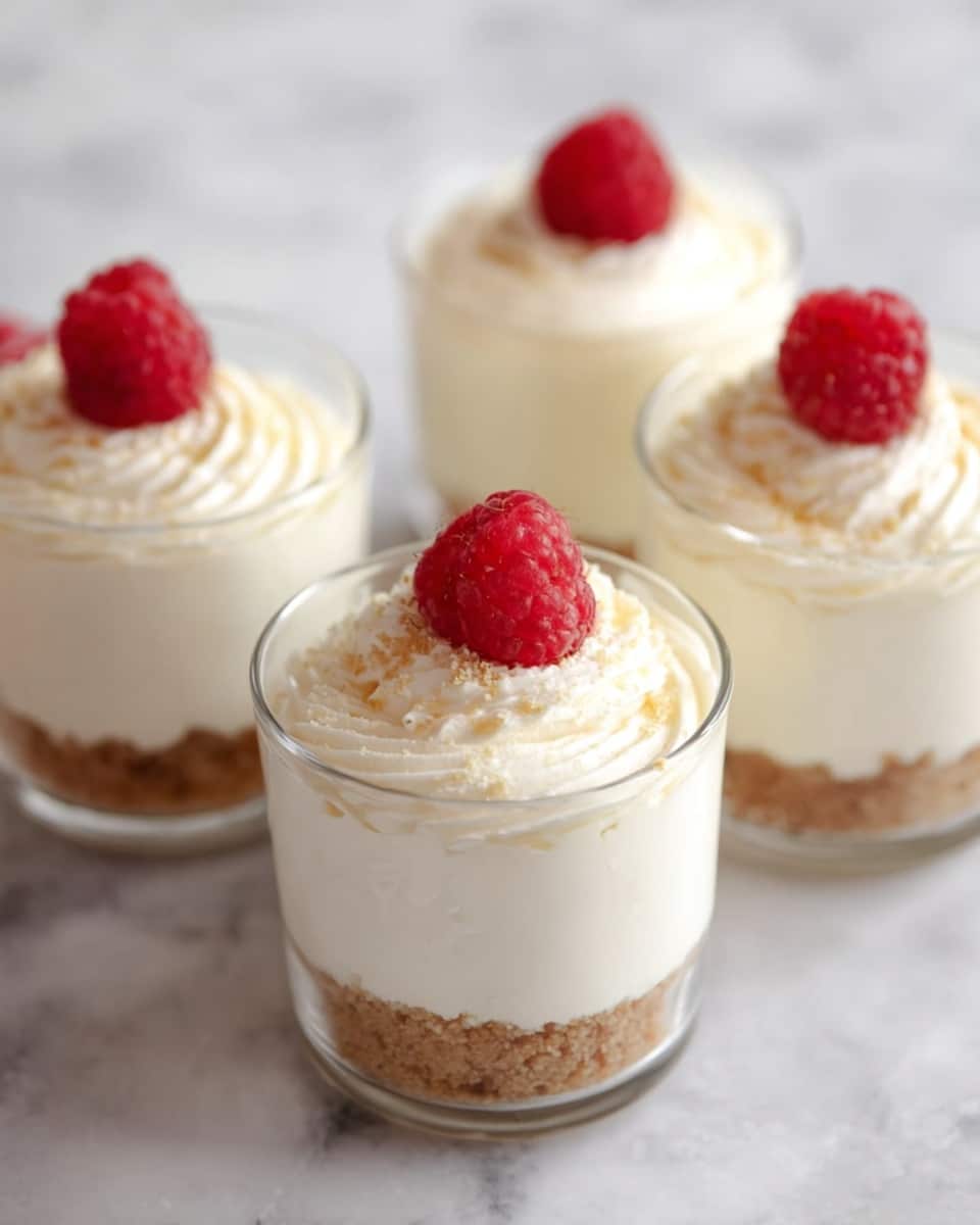 The image shows four clear glasses each with three visible layers. The bottom layer is a light brown crumbly texture, the middle layer is thick and creamy white, and the top layer is a swirl of smooth white cream sprinkled with fine crumbs. Each glass is topped with a single bright red raspberry placed in the center of the cream swirl. The glasses are placed on a white marbled surface. photo taken with an iphone --ar 4:5 --v 7