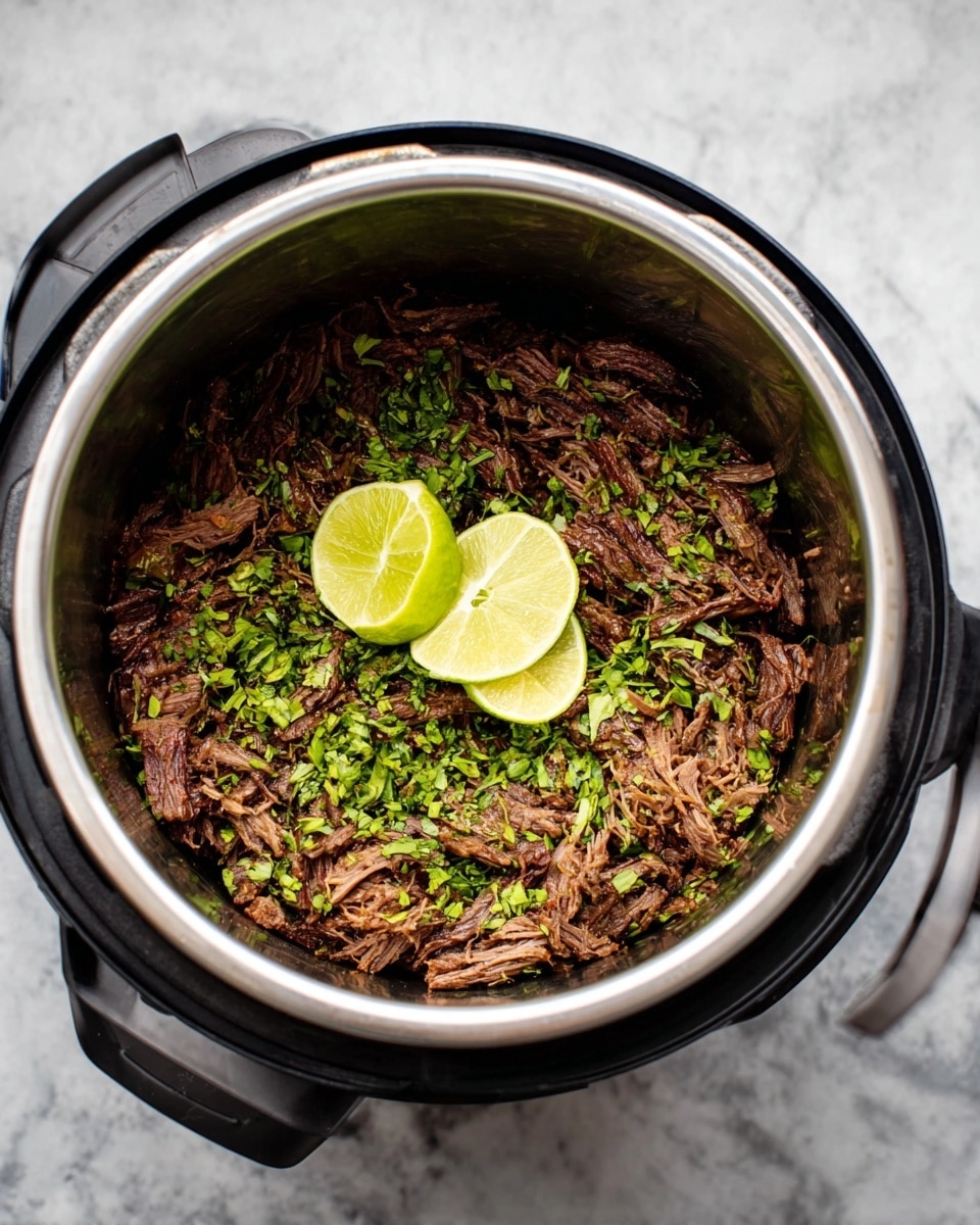 Inside a silver pressure cooker with black handles, there is one layer of shredded dark brown cooked meat mixed with small chopped bright green herbs scattered evenly on top. Two thin lime wedges with light green flesh and bright green rinds sit in the center of the meat. The pot rests on a white marbled surface. photo taken with an iphone --ar 4:5 --v 7