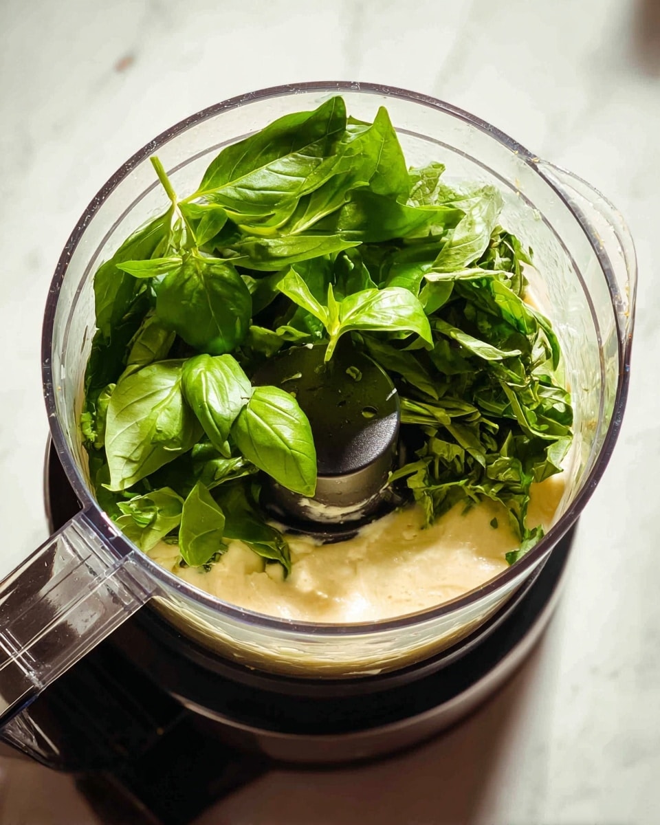 The image shows a food processor filled with bright green fresh basil leaves on top, with some other green herbs partially visible beneath. The clear food processor bowl reveals a creamy pale yellow base underneath the herbs. The scene is set on a white marbled surface with natural light highlighting the texture and color of the leaves. The lid and part of the machine are visible, framing the fresh ingredients inside. Photo taken with an iphone --ar 4:5 --v 7