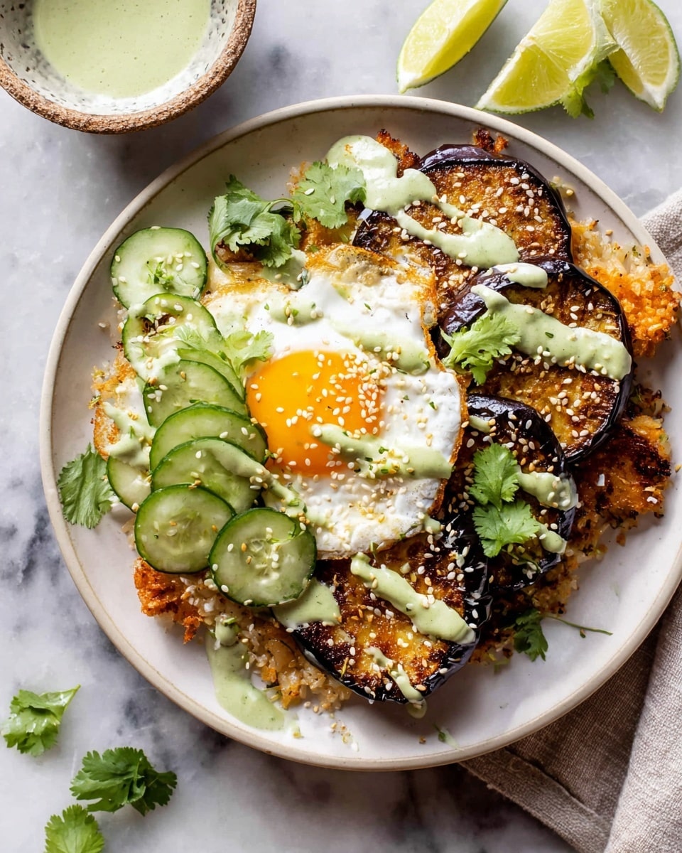A white plate with three main layers: at the bottom, a base of crispy golden-brown rice patties with some bits showing a crunchy texture; on top of that, two roasted dark brown slices of eggplant with a slightly shiny surface, each drizzled with light green creamy sauce; alongside the eggplant and rice, there is a sunny-side-up egg with a bright yellow yolk and crisp edges. On the side and scattered on top are several thin, fresh green cucumber slices and sprigs of leafy cilantro, sprinkled with white sesame seeds. The plate sits on a white marbled surface with lime wedges and extra sauce in a bowl nearby. Photo taken with an iphone --ar 4:5 --v 7