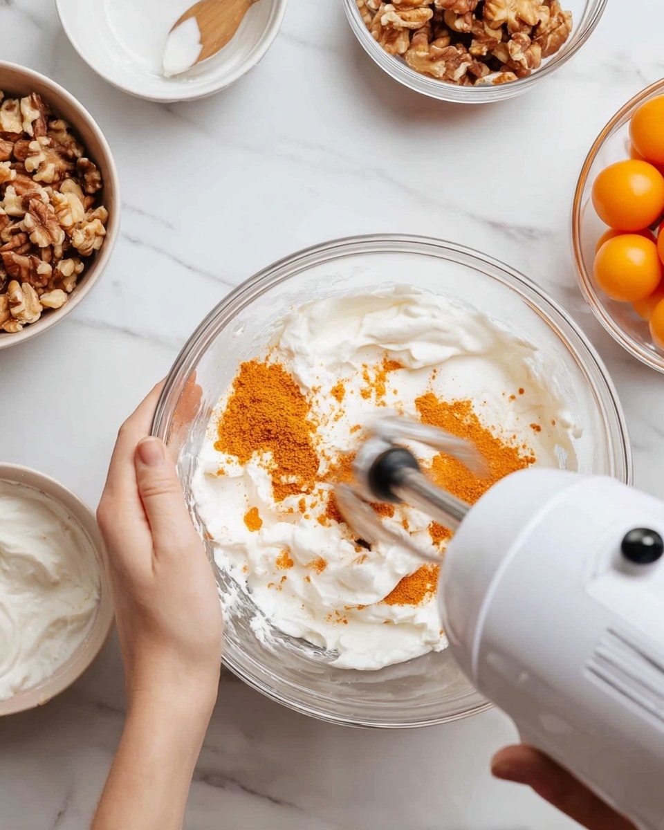 A clear glass bowl on a white marbled surface contains a thick white cream mixed with orange powder on top, with motion blur showing a white electric hand mixer blending the ingredients in the center. A woman's hand holds the bowl steady on the left side. Surrounding the bowl are small white bowls filled with brown nuts and a white sauce, along with a bowl of small orange fruits partly in view in the corner. photo taken with an iphone --ar 4:5 --v 7