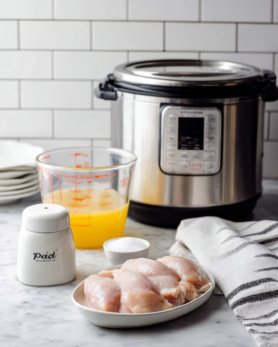 The image shows an open stainless steel Instant Pot in the background on a white marbled surface with white subway tiles behind. In front, from left to right, there is a clear Pyrex measuring cup filled halfway with a yellow liquid, a small white salt shaker with black text, a small white dish filled with salt, and a white oval plate holding three pieces of raw light pink chicken. A folded white cloth with black stripes is placed behind the plate on the right side. Photo taken with an iphone --ar 4:5 --v 7