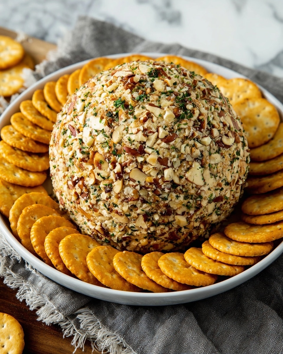 A close-up view of a cheese ball placed on a white marbled surface, surrounded by round yellow crackers with scalloped edges. The cheese ball has two layers: the inner part is smooth, creamy, and pale yellow with some spices mixed in, while the outer layer is covered in a rough coating made of chopped nuts and green herbs, giving it a crunchy texture with brown, green, and beige colors. A large chunk is removed from the cheese ball, showing the soft inside. The overall feel is fresh and inviting. Photo taken with an iphone --ar 4:5 --v 7
