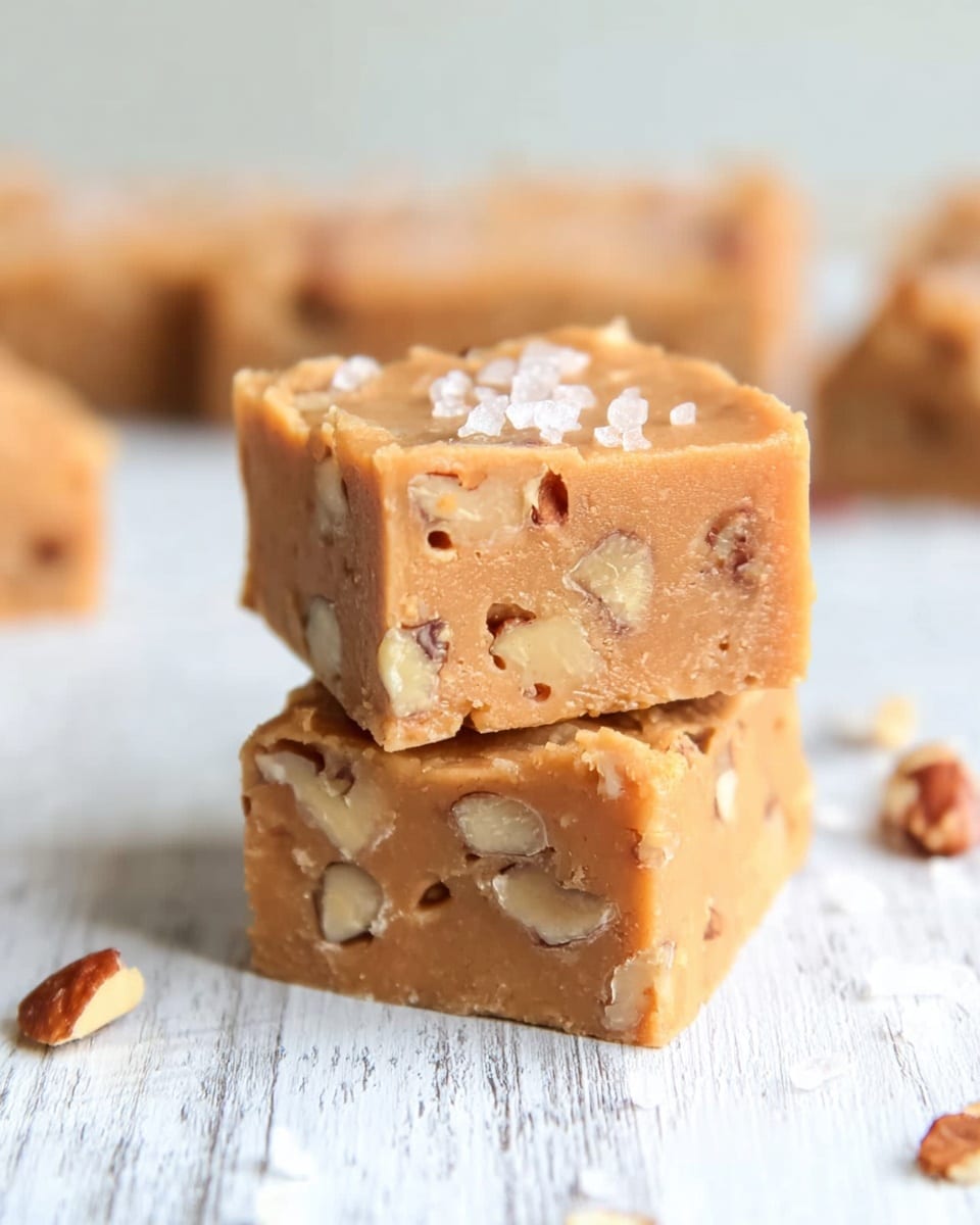 The image shows two square pieces of light brown fudge stacked on top of each other with visible chunks of nuts mixed inside and some more nuts sprinkled on top. The fudge has a smooth texture with small nut pieces embedded throughout, and a few grains of white salt or sugar crystals are scattered on the top piece. The background is a white marbled textured surface, and there are more pieces of similar fudge blurred softly in the background. photo taken with an iphone --ar 4:5 --v 7