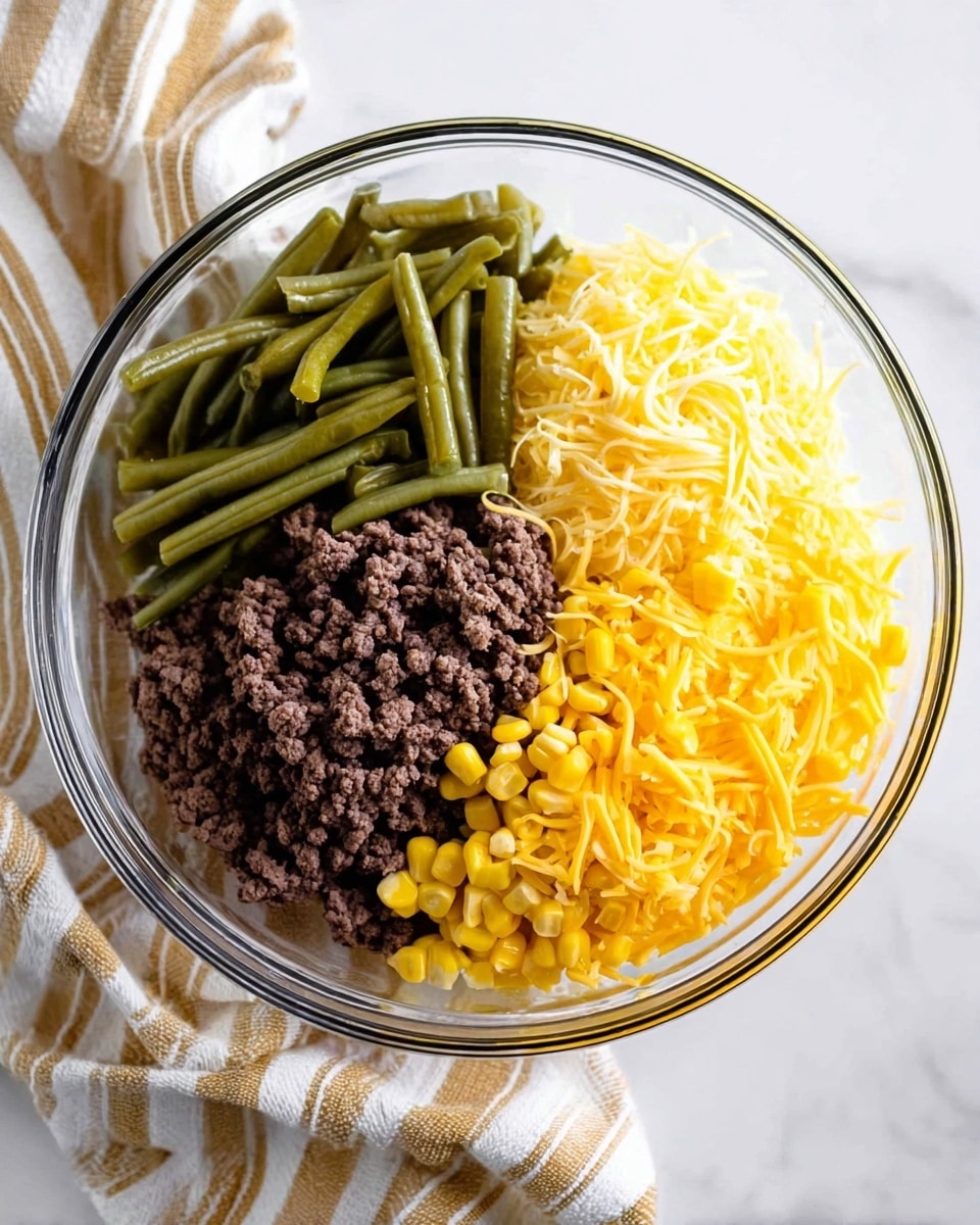 A clear glass bowl sits on a white marbled surface with a beige and white striped cloth beside it. Inside the bowl, there are five main layers arranged in separate sections: bright green beans on the left side, pale yellow mayonnaise just right of the beans, dark brown cooked ground beef in the center, bright yellow corn kernels to the right of the beef, and shredded yellow cheddar cheese covering the lower right side. The layers have distinct colors and textures, giving a fresh and varied look. Photo taken with an iphone --ar 4:5 --v 7