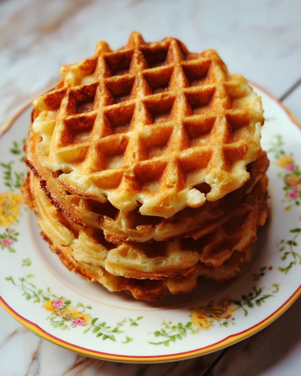 A stack of five golden brown waffles with a slightly crispy texture is placed in the center of a white plate with a floral and yellow border. The waffles show deep, even grid patterns with some edges slightly darker, giving a crunchy look. The plate sits on a white marbled surface with a soft natural light highlighting the warm tones of the waffles photo taken with an iphone --ar 4:5 --v 7