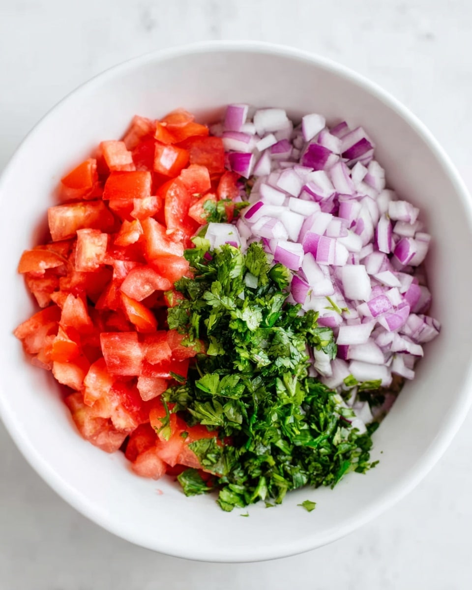 A white bowl sits on a white marbled surface, filled with three main ingredients arranged in sections inside. On the left, small diced pieces of bright red tomatoes create a textured block. In the center, finely chopped fresh green cilantro leaves form a small pile. On the right, finely chopped light purple onions with a slightly shiny texture fill the space. The colors are vivid and fresh, contrasting nicely against the clean white bowl and white marbled background. Photo taken with an iphone --ar 4:5 --v 7