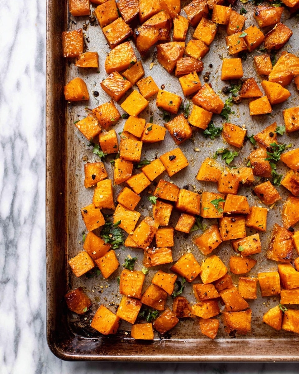 A baking tray filled with a single layer of small, uneven cubed roasted orange sweet potatoes, some pieces have a light brown crispy edge, and others are golden with shiny oil drops. Small green herb pieces and a few whole peppercorns are scattered among the potatoes. The tray sits on a white marbled surface. Photo taken with an iphone --ar 4:5 --v 7