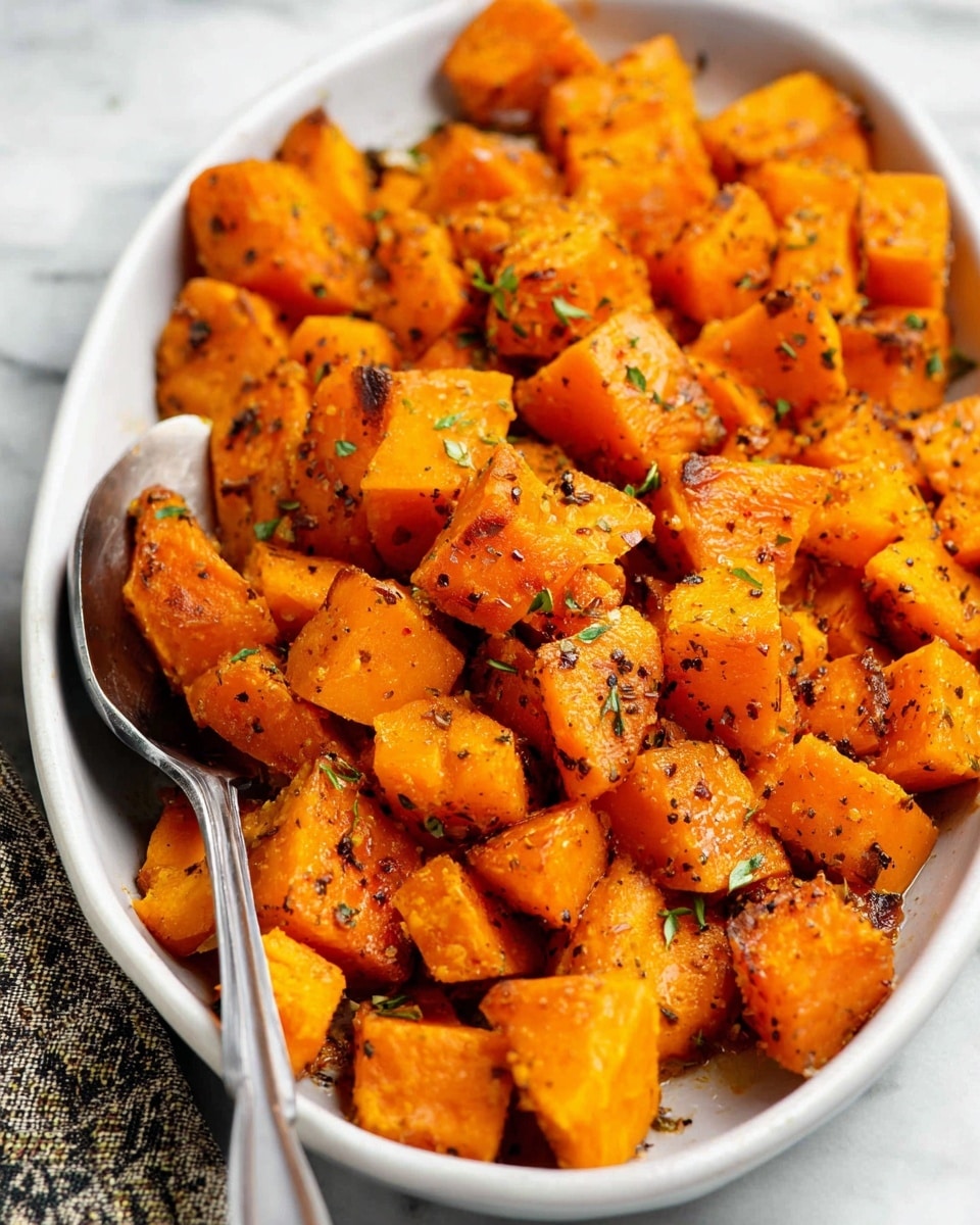 The image shows an oval metal dish filled with roasted orange butternut squash cubes, each piece evenly browned with a slight crisp on the edges. The cubes are speckled with green herbs and black pepper, giving a fresh and seasoned look. A metal spoon is placed inside the dish, ready for serving. The dish sits on a white marbled surface with a patterned cloth nearby and a wooden object in the upper right corner. Photo taken with an iphone --ar 4:5 --v 7