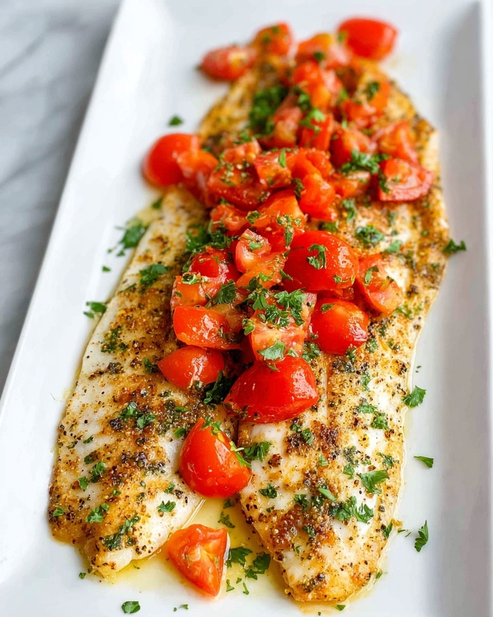 The dish shows two flat fillets of fish with a light golden, slightly speckled crust covered in small green herbs. On top of the fillets, there are chunks of bright red, juicy tomatoes scattered unevenly. Around the fish and tomatoes, small bits of chopped green parsley are spread. The food is served on a long, narrow white plate, placed on a white marbled surface. Photo taken with an iphone --ar 4:5 --v 7