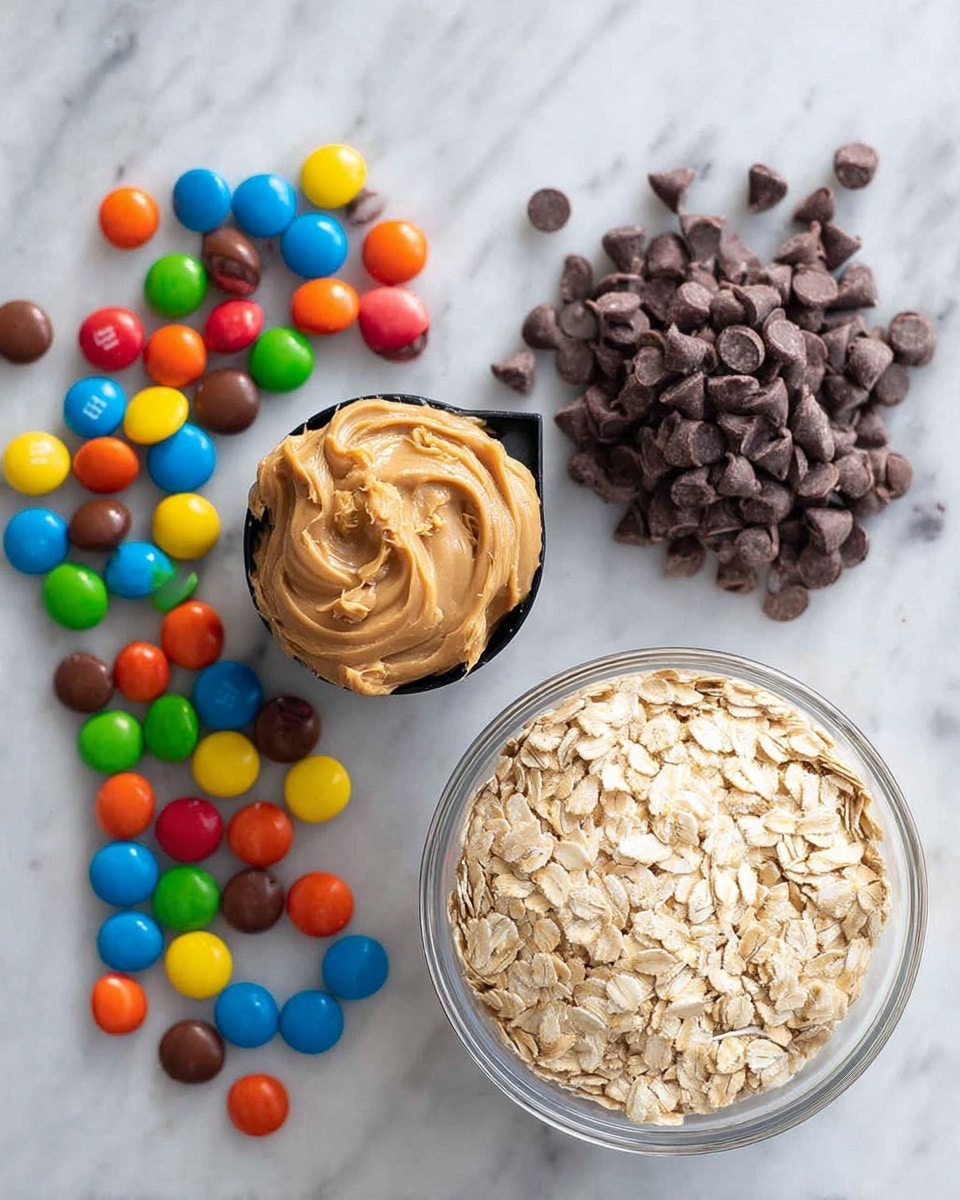 The image shows a white marbled surface with four groups of ingredients arranged in a flat lay. At the bottom right, there is a clear glass bowl filled with light beige rolled oats with a rough texture. To the left of the bowl, there is a black measuring cup filled with creamy light brown peanut butter, slightly swirled on top. Above these, to the right, there is a scattered pile of dark brown chocolate chips with a smooth, shiny texture. To the left of the chocolate chips, there is a loose scatter of small, round, colorful candy-coated chocolates in red, yellow, green, orange, blue, and brown. photo taken with an iphone --ar 4:5 --v 7