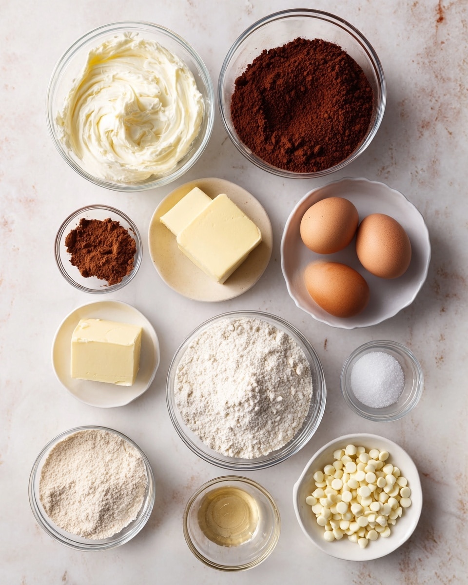 The image shows a top view of several small glass bowls and cups arranged neatly on a white marbled surface. There are three brown eggs placed together in the upper right corner. Around the eggs, there is a bowl of cocoa powder with a rich dark brown color, a bowl of flour with a light beige color, and a white bowl filled with powdered sugar. There is a smaller bowl with two blocks of light yellow butter and a small cup of clear liquid nearby. A bowl of white round chocolate chips and a bowl of light brown sugar sit close to the powdered sugar. Additionally, there is a small bowl of vanilla extract, and a tiny bowl with a white powder (likely baking soda or salt) toward the top left. A bowl with creamy white frosting or cream is in the upper left part of the image, and a woman's hand is not present. The ingredients are spaced evenly, highlighting their different textures and soft colors. photo taken with an iphone --ar 4:5 --v 7