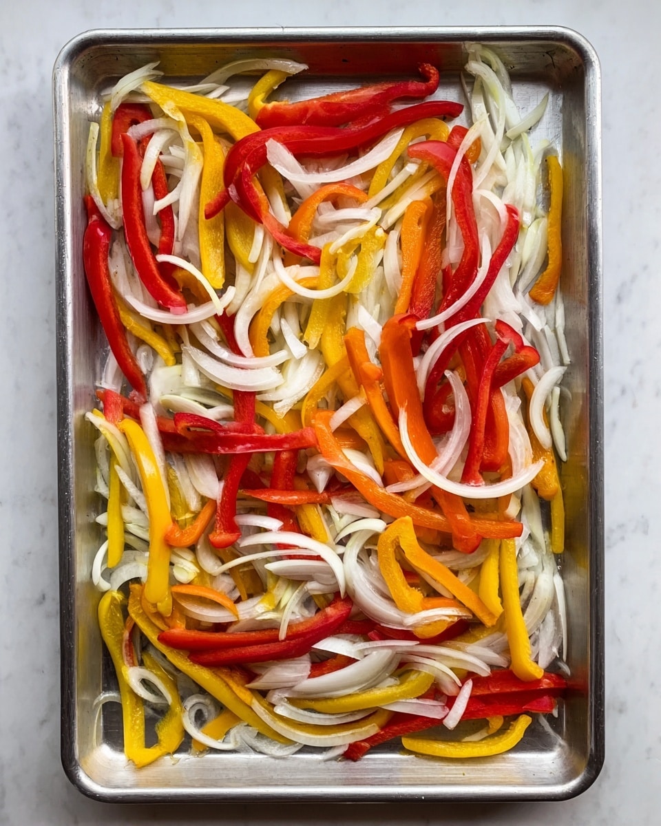 The image shows a single layer of thinly sliced vegetables spread evenly on a silver baking tray. The vegetables include white onion rings, long red bell pepper strips, and long yellow bell pepper strips, mixed all together. The onions are thin and curly, while the bell peppers have smooth and glossy textures. The baking tray lies on a white marbled surface. photo taken with an iphone --ar 4:5 --v 7