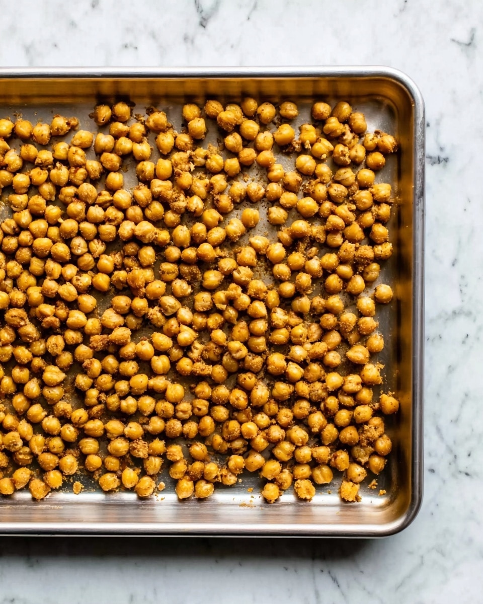 A metal baking tray filled with one even layer of small, round roasted chickpeas that are golden brown in color. The chickpeas have a slightly rough texture, indicating they are crispy. The tray is placed on a white marbled surface. photo taken with an iphone --ar 4:5 --v 7