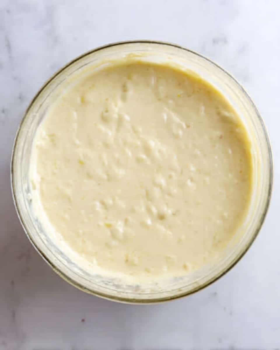 The image shows a clear glass bowl filled with a thick, creamy batter that is pale yellow in color. The batter has a smooth texture with some small lumps and bubbles on the surface, filling the bowl almost to the top. The bowl is placed on a white marbled surface, and the top view highlights the evenness of the batter inside. photo taken with an iphone --ar 4:5 --v 7