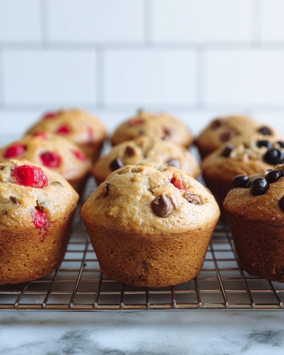 The image shows a close-up of several muffins arranged in two rows on a metal cooling rack. The muffins have a golden-brown top with visible pieces of fruit or chocolate embedded in them. On the left side, the muffins contain small red fruit pieces, creating spots of bright red across the light brown bread. On the right side, some muffins have dark chocolate chips and a few blueberries on the surface, giving a dark contrast to the golden muffin tops. The background is a white marbled texture, and behind the muffins is a white tile wall. The photo captures the muffins from a low angle, creating a sense of depth. photo taken with an iphone --ar 4:5 --v 7