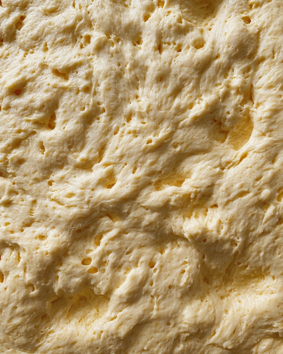 A close-up view of an uncooked dough surface showing a textured pattern of soft, creamy beige color with various small air pockets and irregular bumps spread evenly across, giving a slightly shiny and sticky appearance. The dough has a thick, uneven texture with some lighter and darker shades blended in from the mix, laid out flat against a white marbled textured surface. photo taken with an iphone --ar 4:5 --v 7