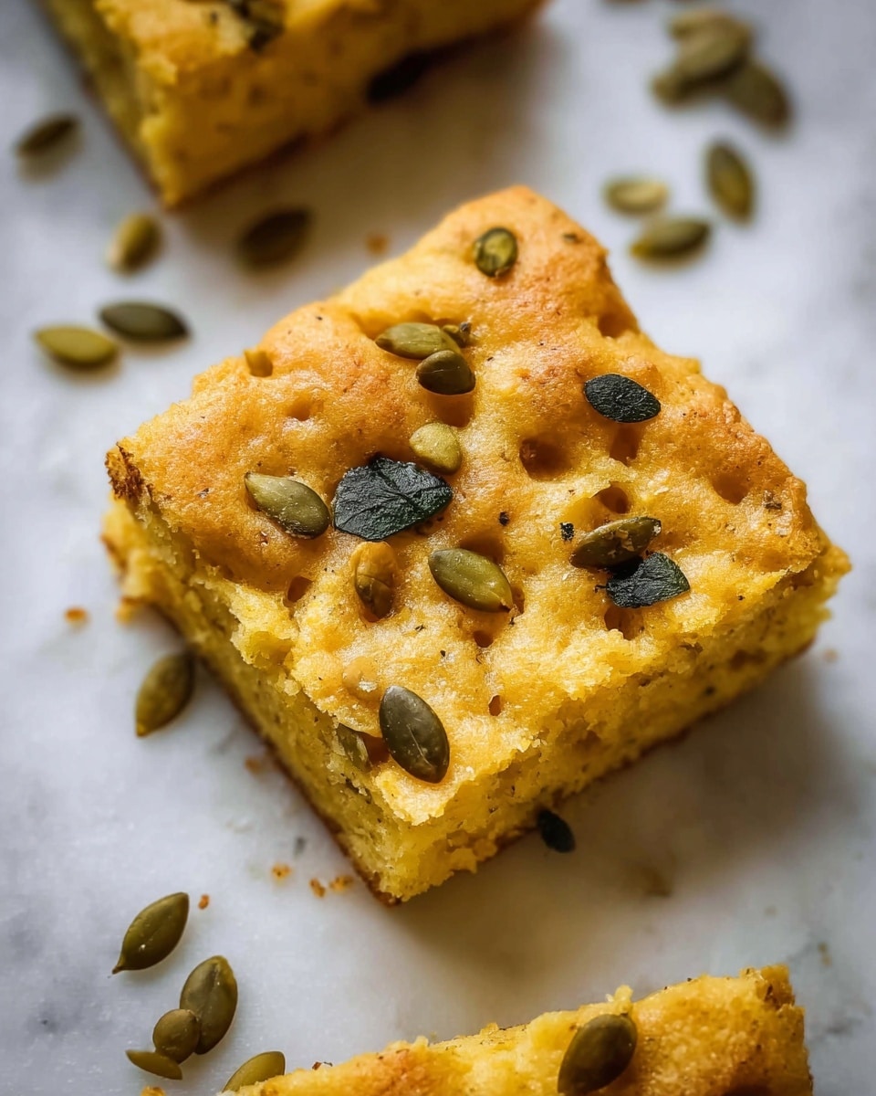 A close-up view of a single-layer orange focaccia bread topped with green pumpkin seeds scattered evenly across its bumpy surface. The bread has a rough, slightly shiny texture with indented spots. Dark green to almost black dried sage leaves are placed intermittently on top, adding contrast. The bread shows a light dusting of fine white powder, likely flour or cheese, and faint brown seasoning sprinkled throughout. The focus is sharp on the textured surface, set against a white marbled background. photo taken with an iphone --ar 4:5 --v 7