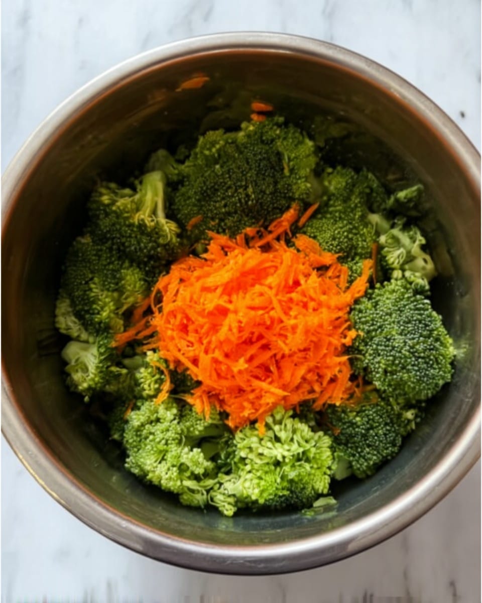 The image shows a metal bowl filled with green broccoli florets as the base layer, which have a rough, textured surface. On top of the broccoli is a small pile of bright orange shredded carrots, finely grated, sitting in the center of the bowl. The bowl is placed on a white marbled surface that looks clean and smooth. Photo taken with an iphone --ar 4:5 --v 7